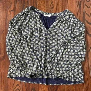 Lucky Brand Women's M Split Collar Navy Blue w/Green Flowers Long-Sleeve Blouse